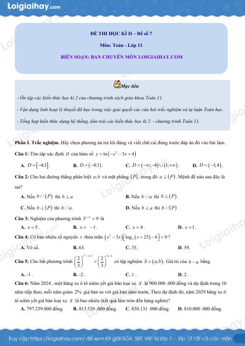Đề thi học kì 2 Toán 11 - Đề số 7